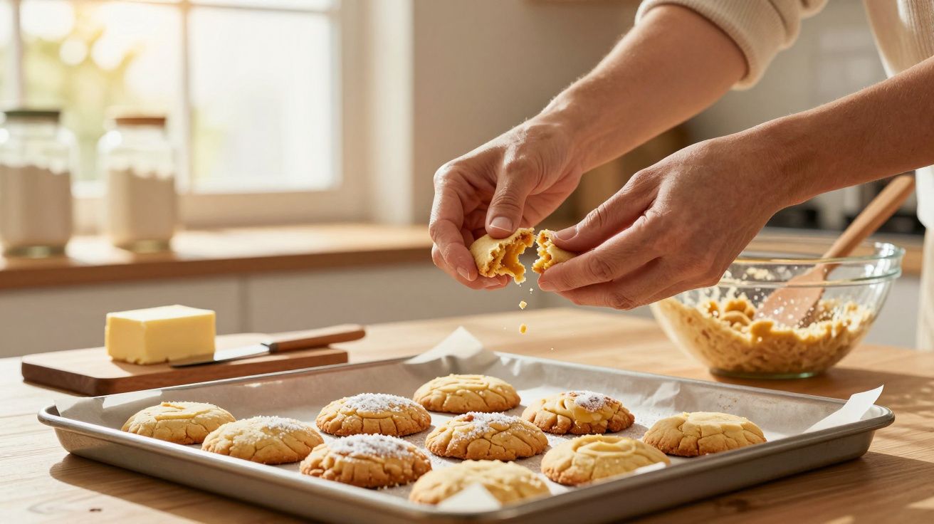 Mãos a partir um biscoito recém-assado sobre tabuleiro com vários biscoitos numa cozinha iluminada.