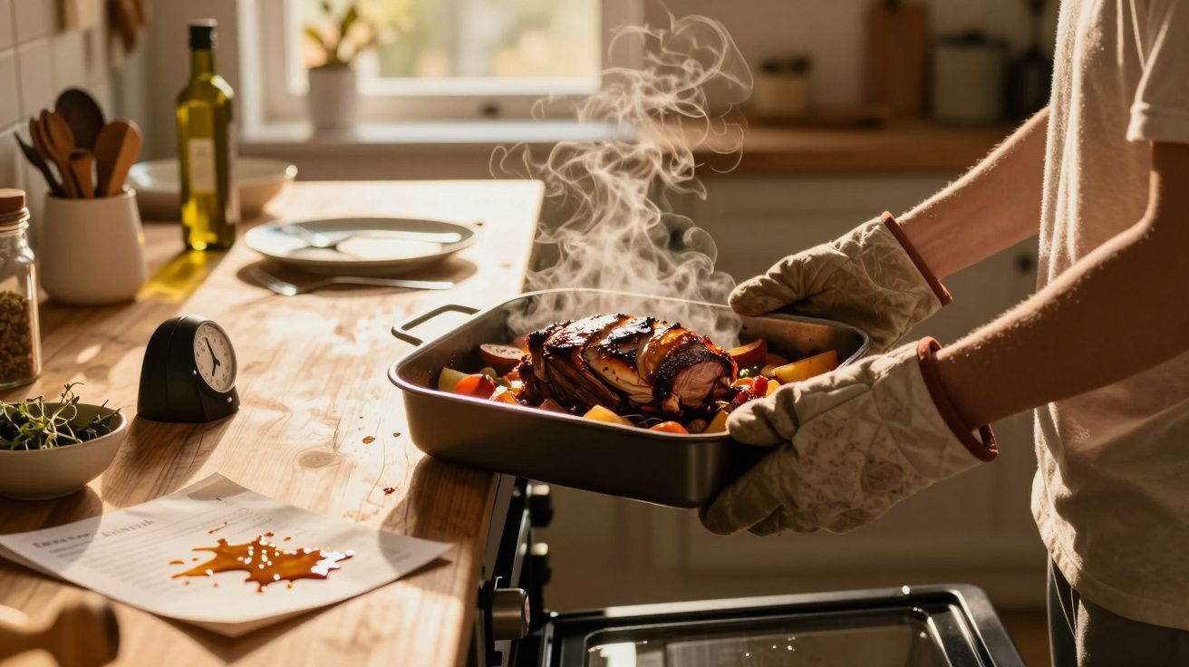 Pessoa a retirar assado fumegante do forno numa cozinha iluminada a luz natural.