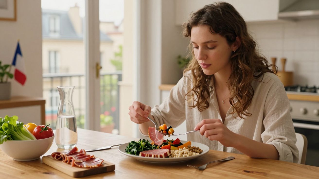 Mulher sentada a comer salada saudável com legumes e fiambre numa cozinha luminosa.