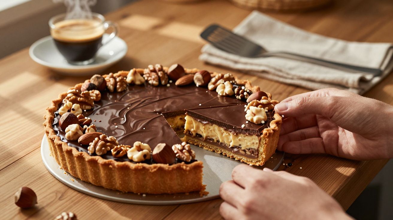 Tarte de chocolate com recheio cremoso, decorada com várias nozes e amêndoas, ao lado de uma chávena de café.