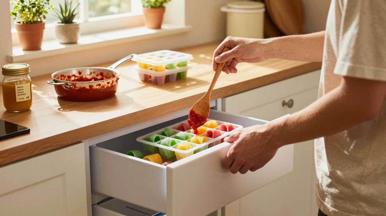 Pessoa a colocar molho vermelho em formas de gelo coloridas numa cozinha com luz natural.