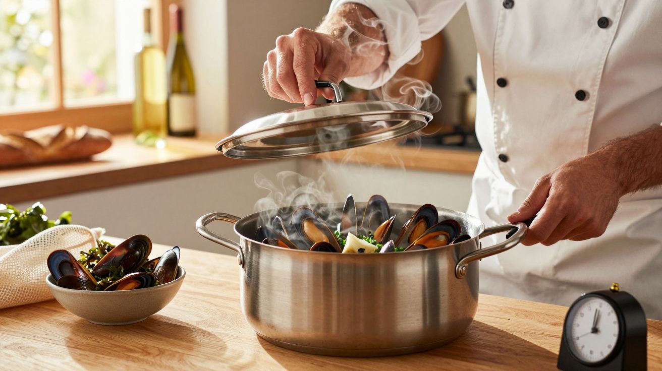 Chef a abrir tampa de panela com mexilhão a cozinhar a vapor numa cozinha iluminada.