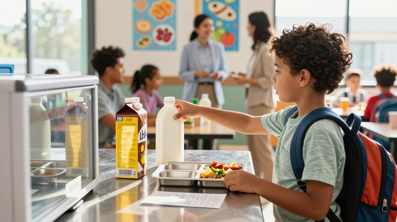 Criança com mochila a escolher leite numa cantina escolar, com outras crianças e professoras ao fundo.