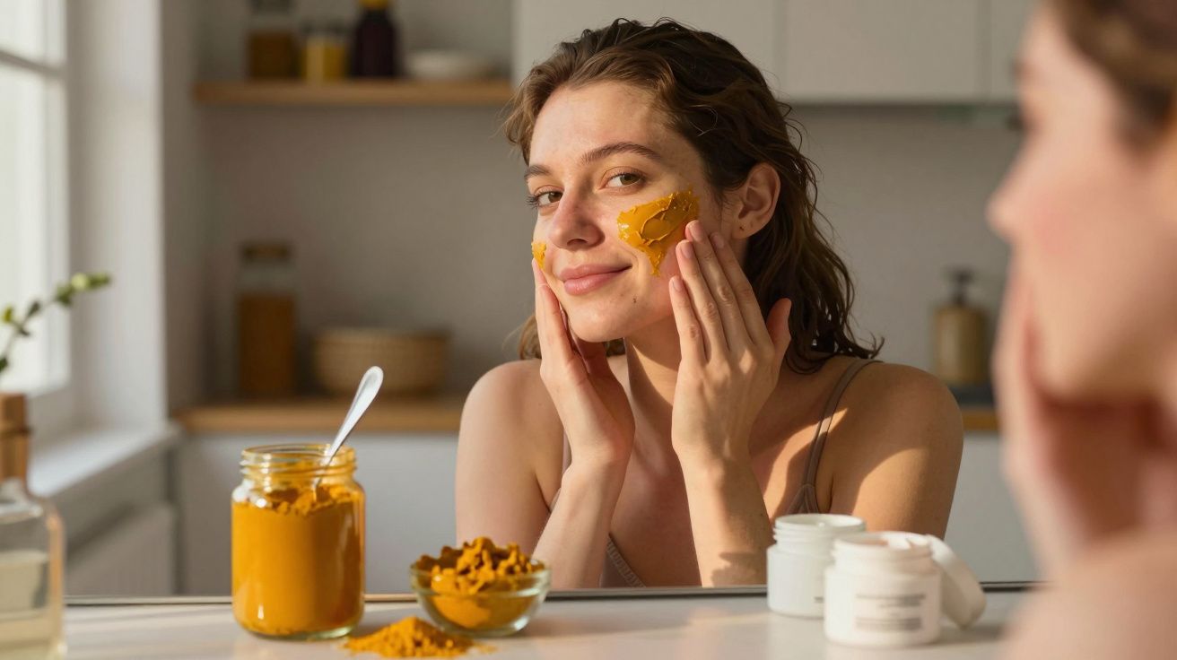 Mulher aplica máscara facial amarela no rosto em frente ao espelho numa cozinha iluminada de manhã.