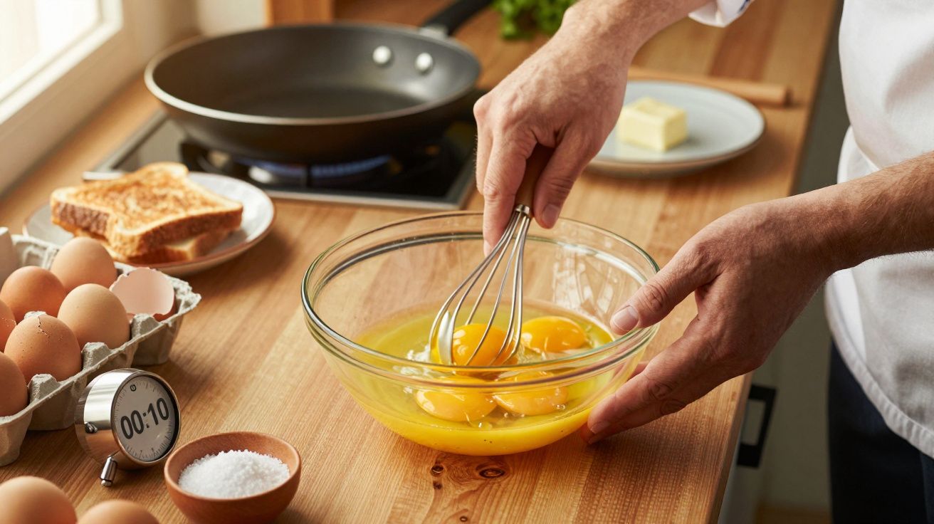 Pessoa a bater ovos numa tigela de vidro numa cozinha com ingredientes ao redor.