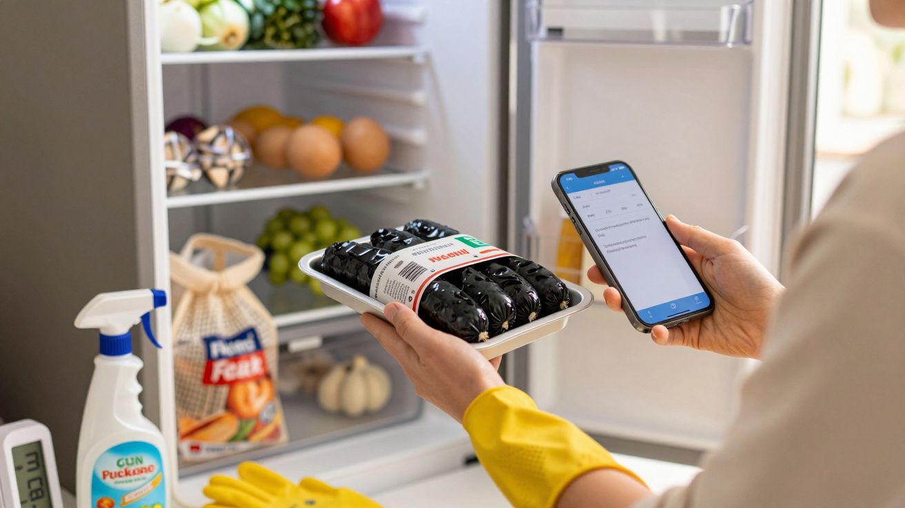 Pessoa com luvas amarelas segurando telemóvel e embalagem de legumes junto ao frigorífico aberto com alimentos visíveis.