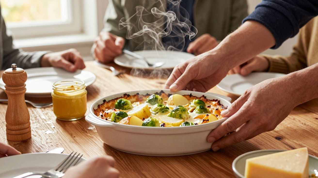 Prato fumegante com legumes assados a ser colocado numa mesa de madeira rodeada por pessoas prontas a comer.