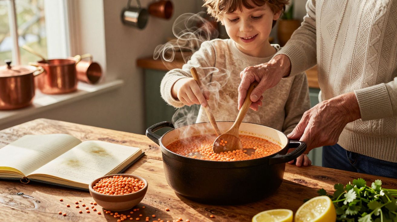 Criança e adulto a cozinhar sopa de lentilhas numa panela preta numa cozinha acolhedora.