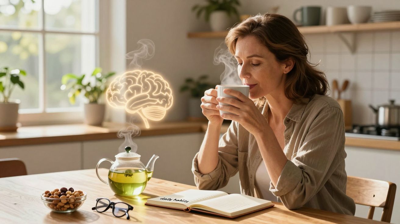 Mulher a beber chá numa cozinha, com chávena nas mãos e chá para a mente na mesa.