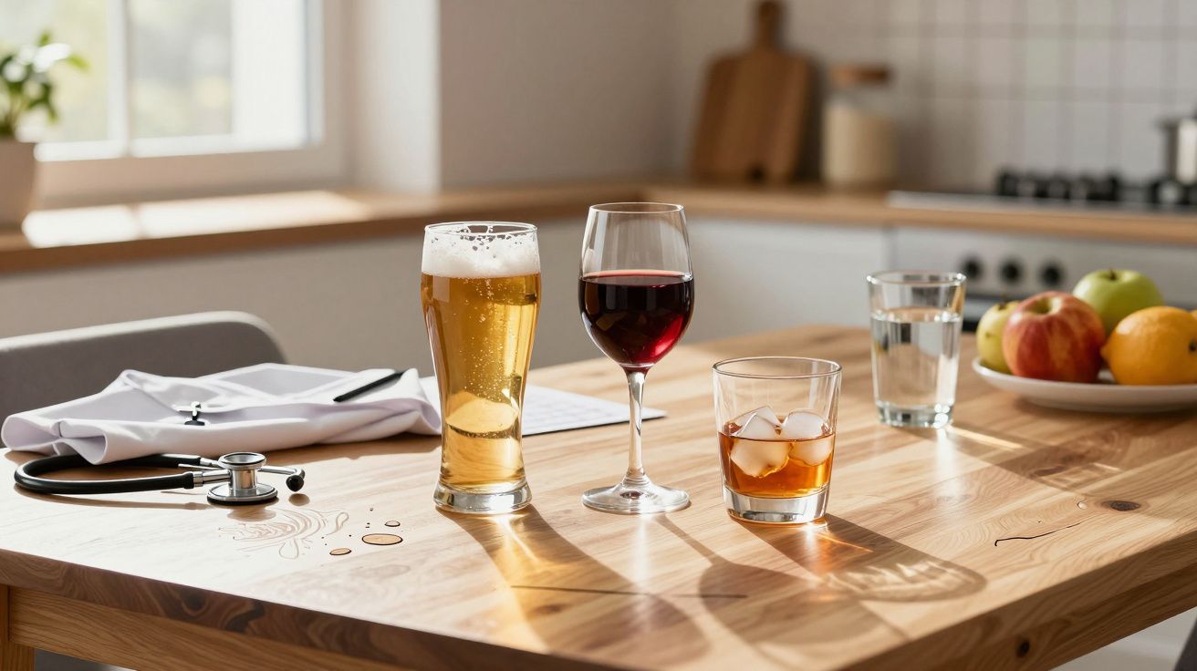 Três copos com cerveja, vinho tinto e whisky sobre mesa de madeira com estetoscópio e fruta ao fundo.