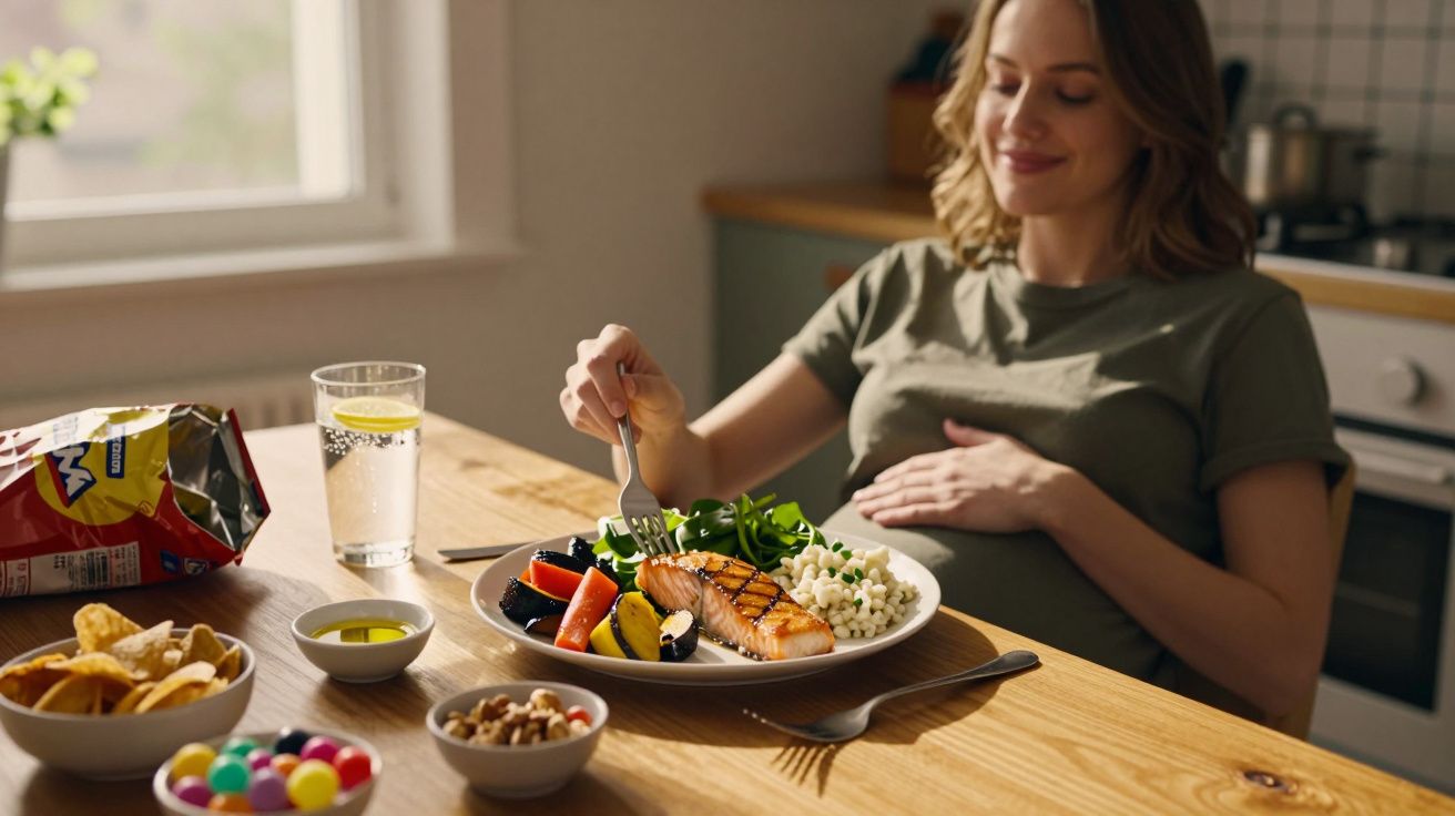 Mulher grávida sentada à mesa a comer salmão grelhado com legumes e arroz numa cozinha iluminada.
