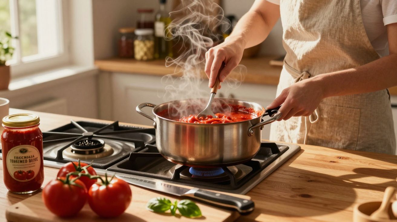Pessoa a mexer molho de tomate a ferver num tacho no fogão, com tomates frescos e manjericão na bancada.