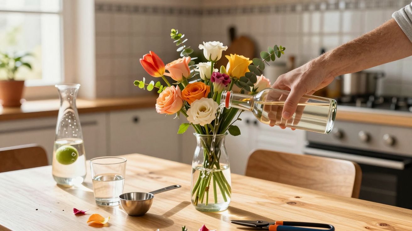 Pessoa a regar um arranjo de flores coloridas num vaso de vidro numa cozinha moderna.