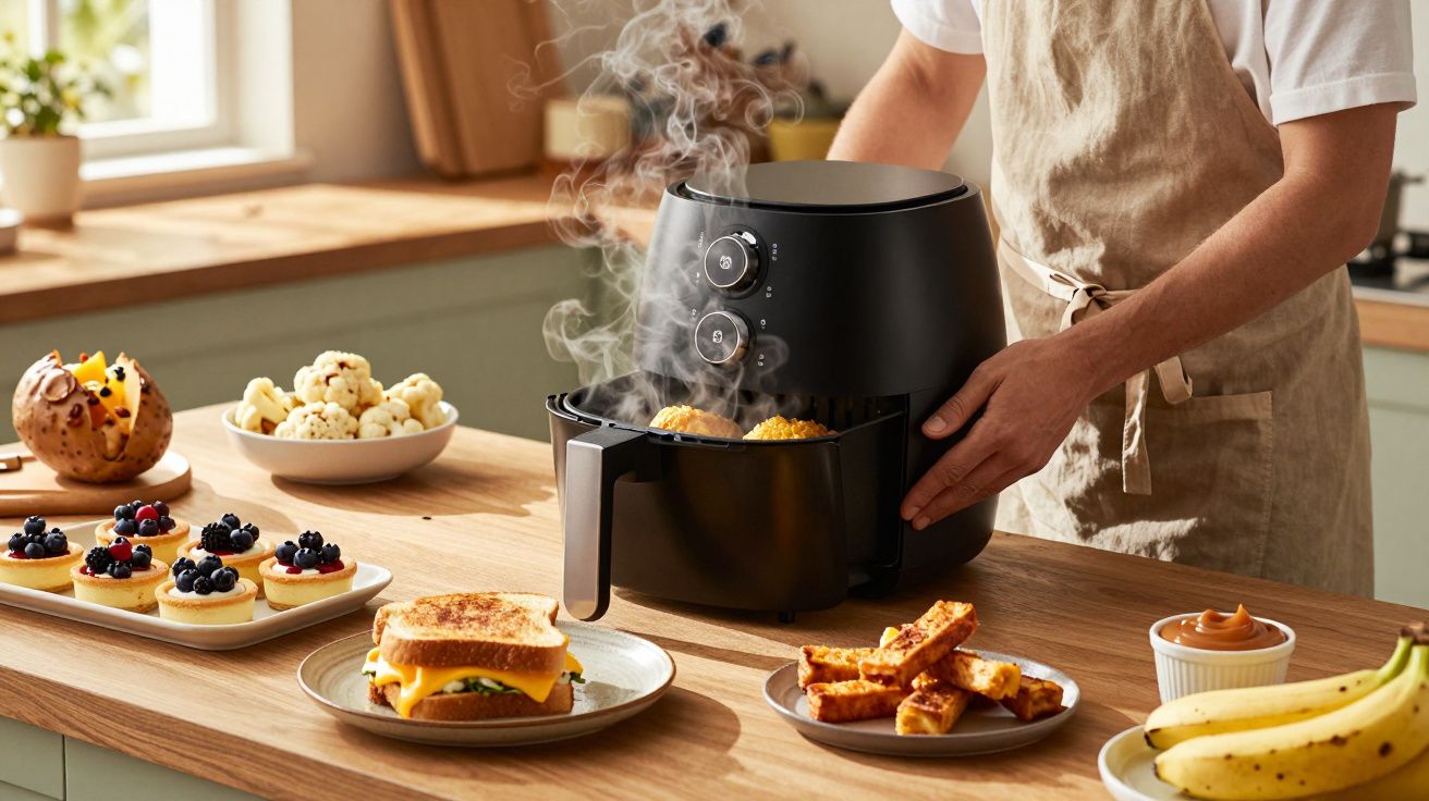 Pessoa a retirar milho fumegante de fritadeira sem óleo preta numa cozinha com vários pratos de comida.
