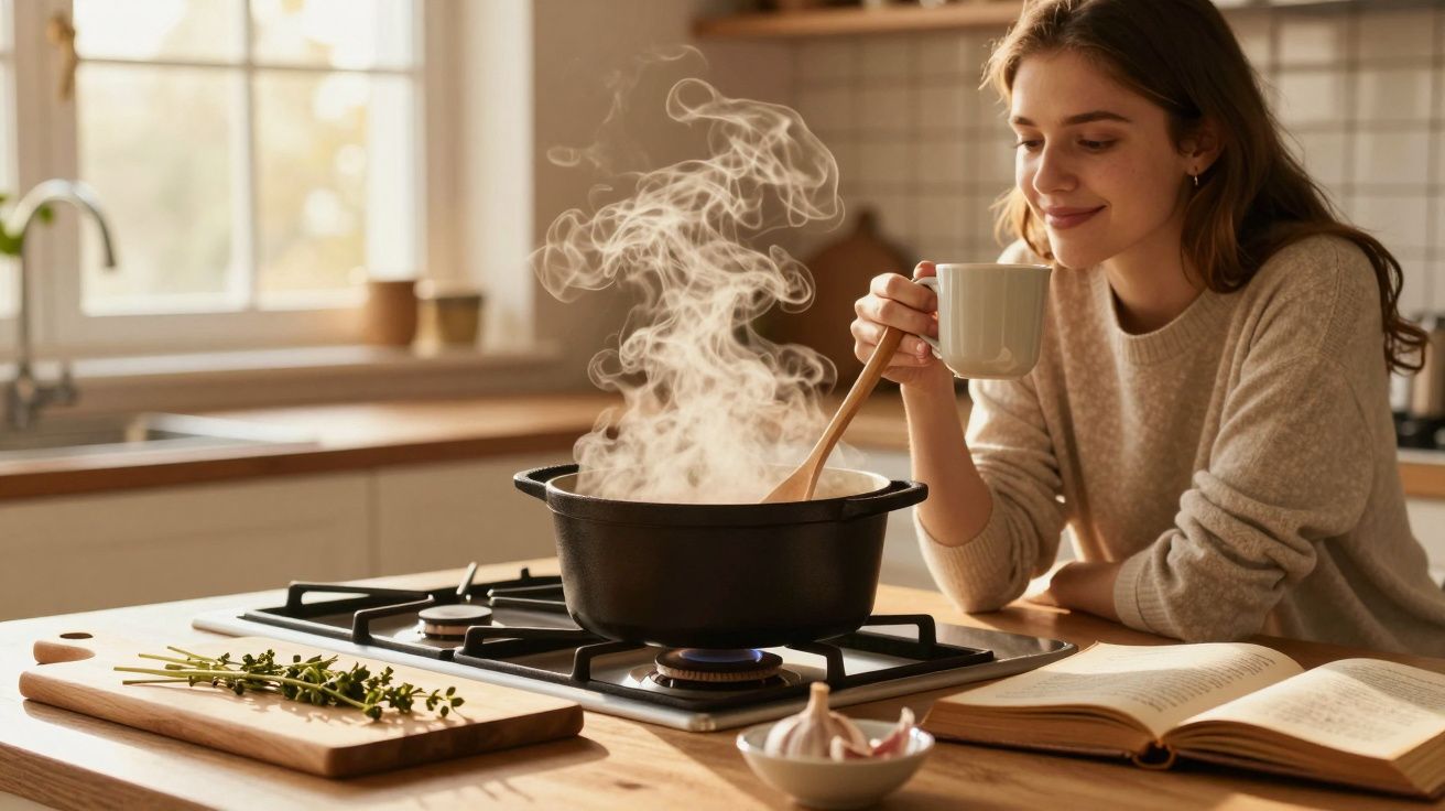 Mulher a cozinhar e a beber numa cozinha iluminada, com livro de receitas aberto na mesa.