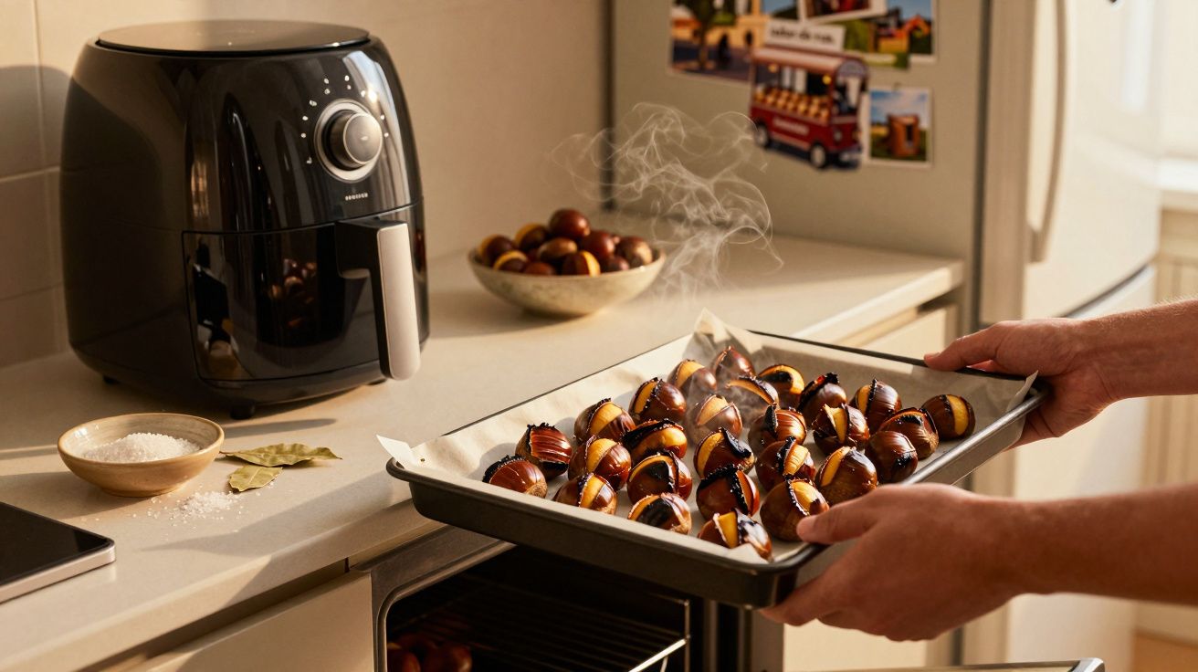 Pessoa a retirar assadeira com castanhas quentes do forno numa cozinha com fritadeira elétrica ao lado.
