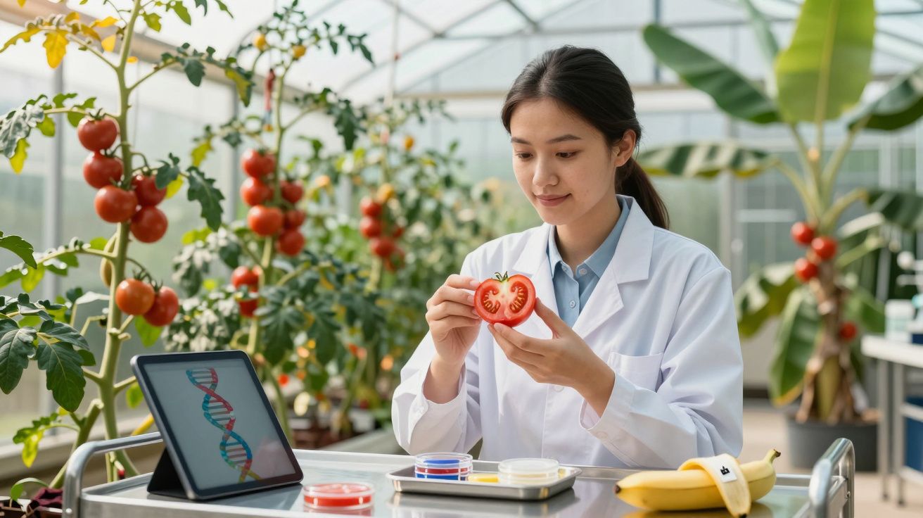Mulher cientista a analisar tomate cortado no laboratório agrícola numa estufa com plantações de tomateiros.