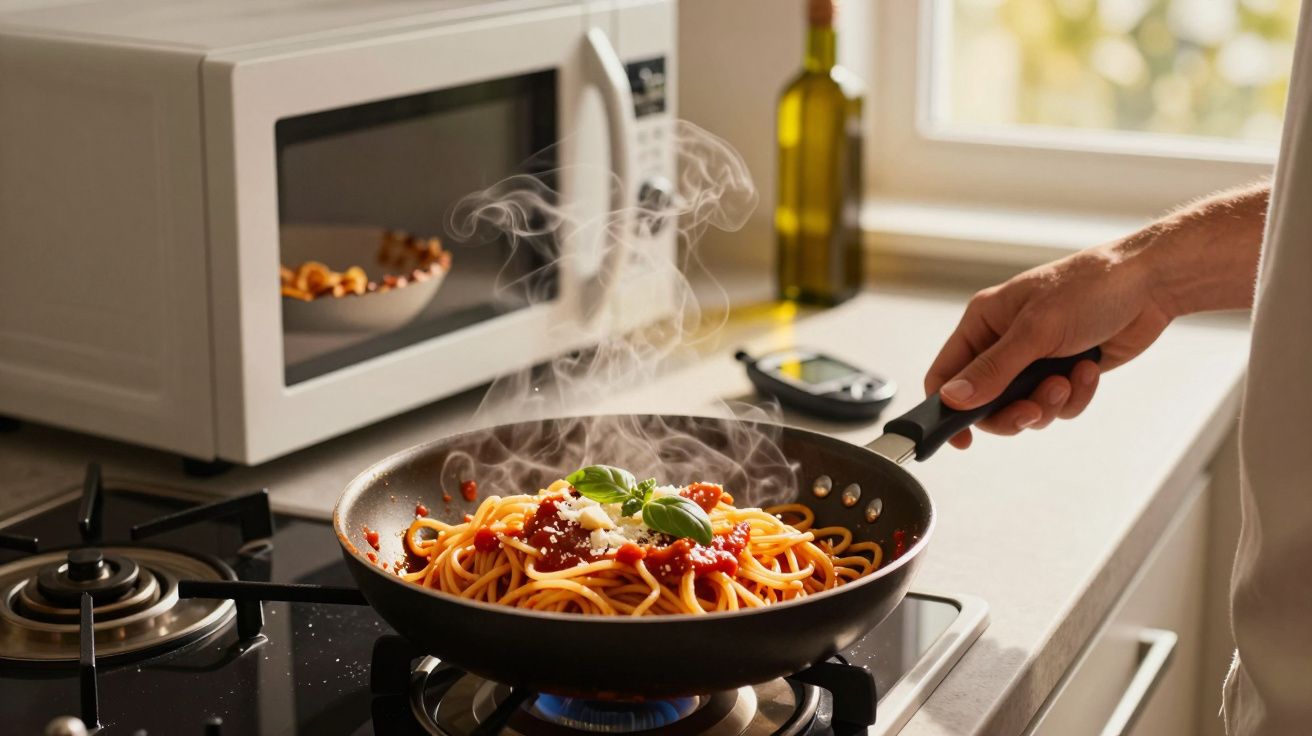 Frango a cozinhar esparguete com molho de tomate, manjericão e queijo numa frigideira no fogão a gás.