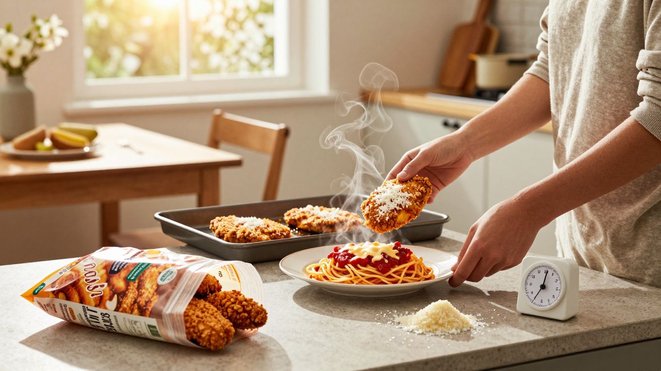 Pessoa a servir cotoletas de frango empanadas com esparguete num prato branco numa cozinha iluminada.