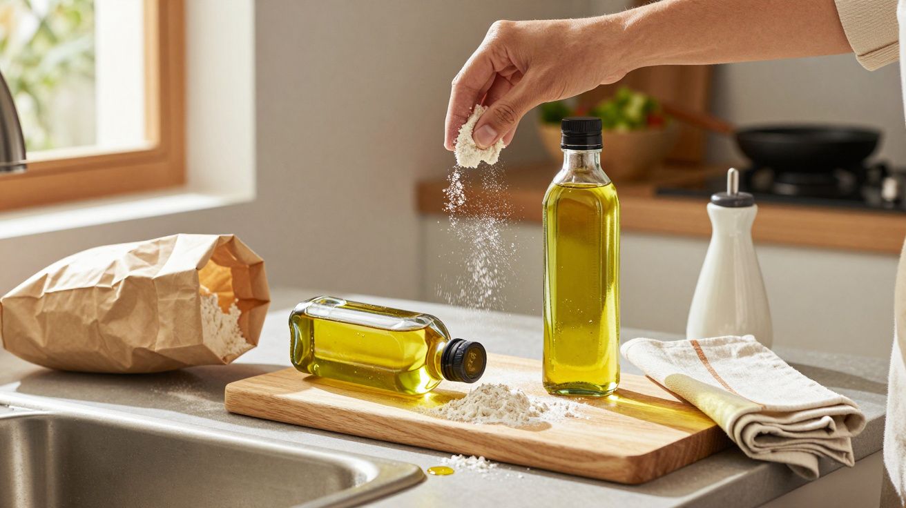 Mão a polvilhar farinha sobre tábua com garrafas de azeite e saco de papel aberto numa cozinha.