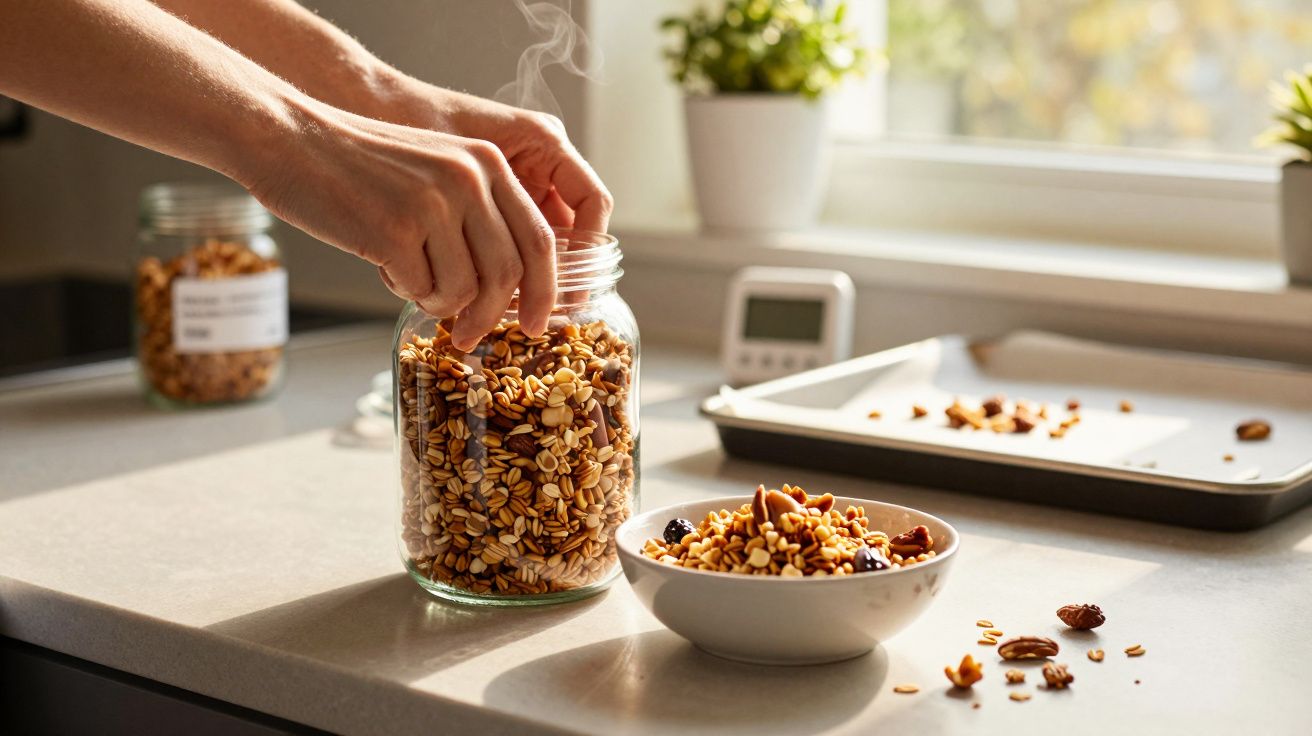 Mãos a apanhar granola de frascos de vidro para tigela branca numa bancada de cozinha iluminada pelo sol.