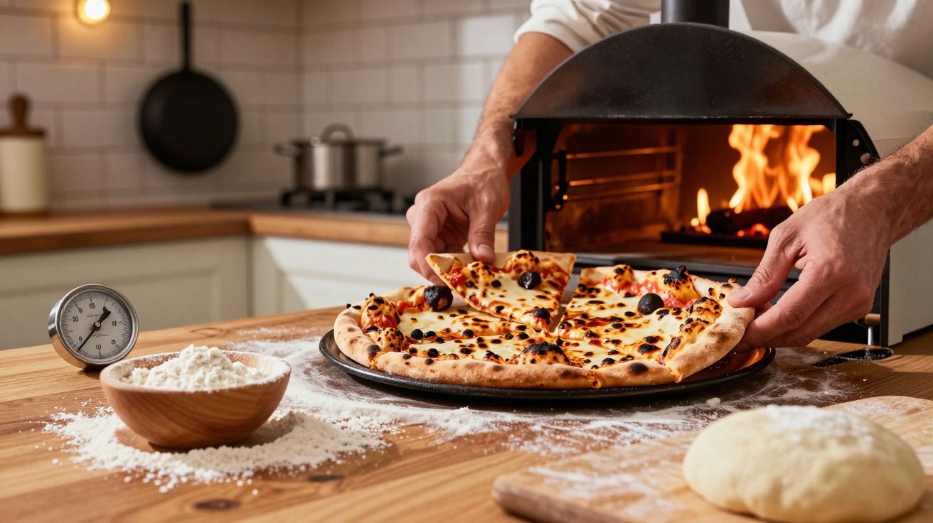 Pessoa a tirar fatia de pizza de forno a lenha numa cozinha com ingredientes de pizza na bancada.