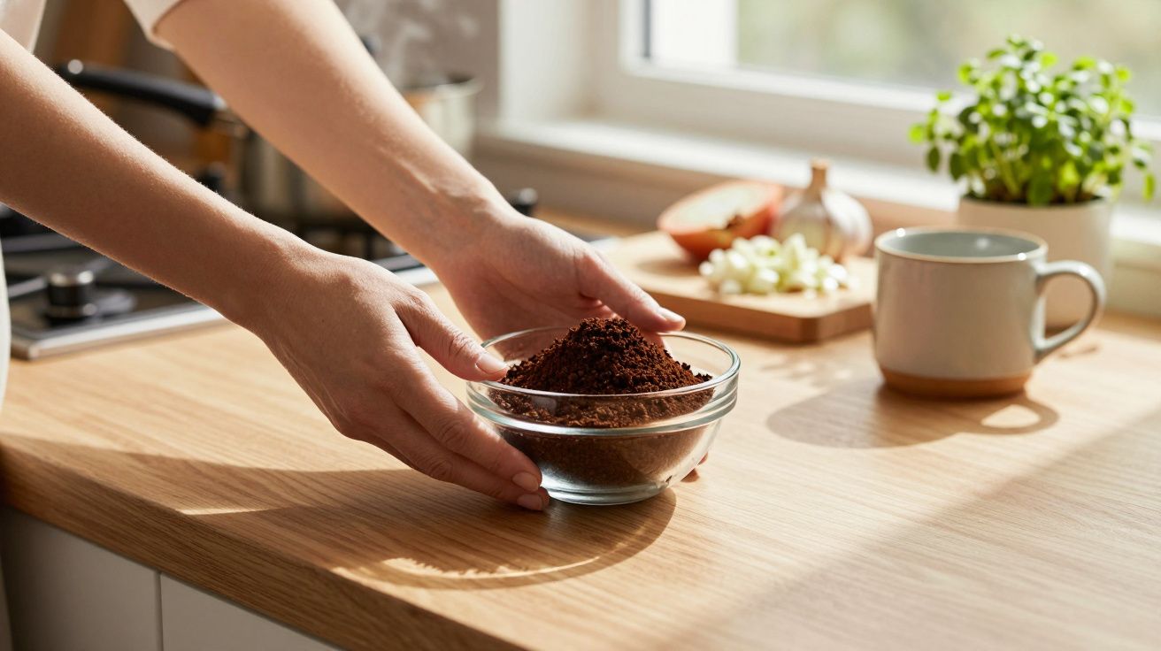 Mãos a segurar taça de vidro com café moído numa cozinha iluminada por luz natural.