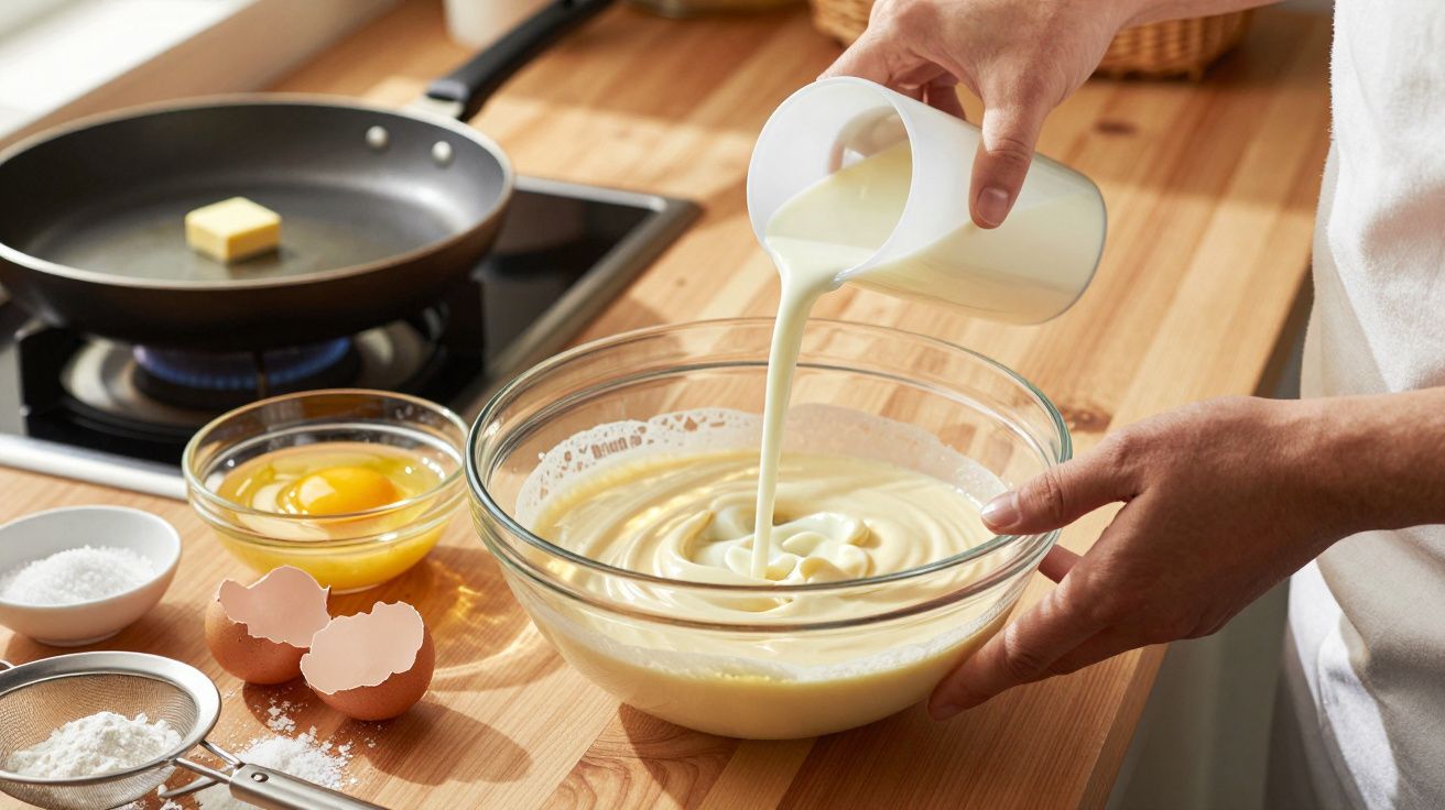 Pessoa a preparar massa para panquecas, com ingredientes e frigideira com manteiga ao fundo.