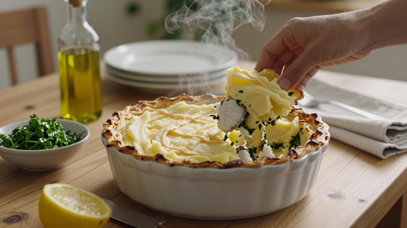 Mão a pegar porção fumegante de empadão de batata com ervas numa travessa branca sobre mesa de madeira.