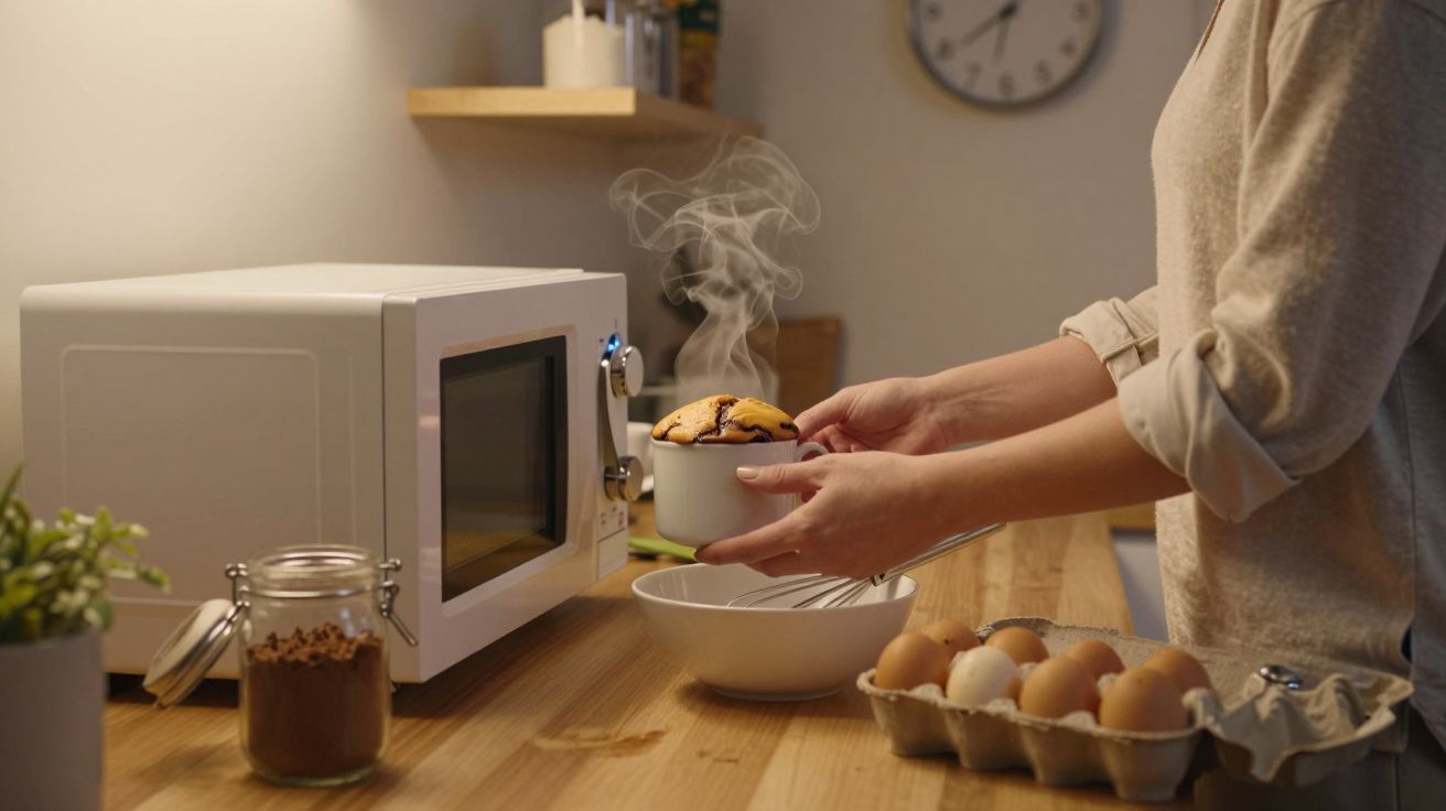 Pessoa a retirar do micro-ondas um bolo quente que está a libertar vapor numa cozinha acolhedora.