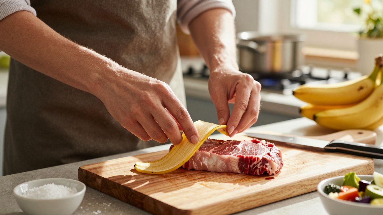 Pessoa a colocar uma casca de banana numa peça de carne crua sobre uma tábua de cortar madeira.