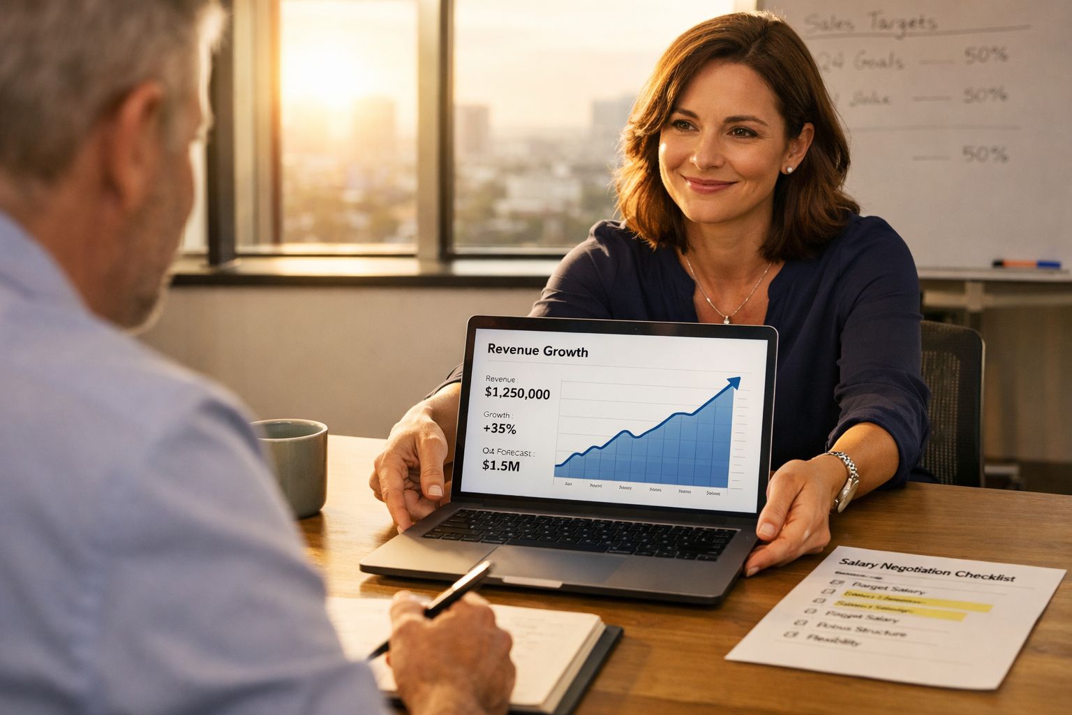 Mulher mostra gráfico de crescimento de receita no computador durante reunião de trabalho.