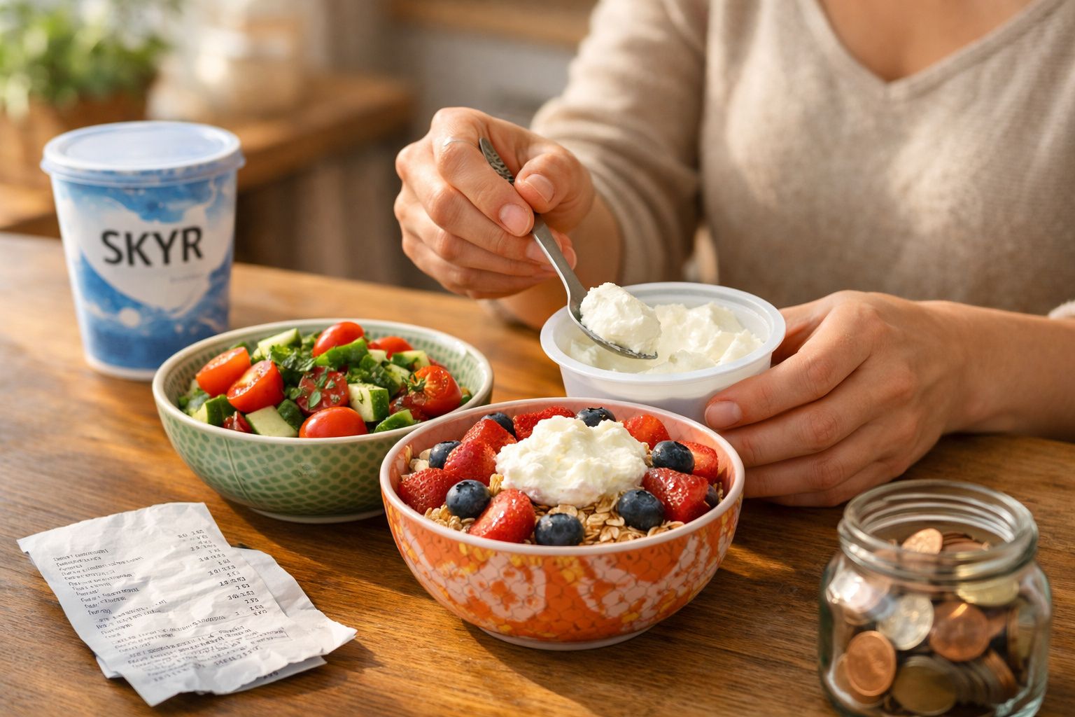 Pessoa a colher iogurte Skyr numa tigela com granola, morangos e mirtilos, ao lado de salada e recibo numa mesa.