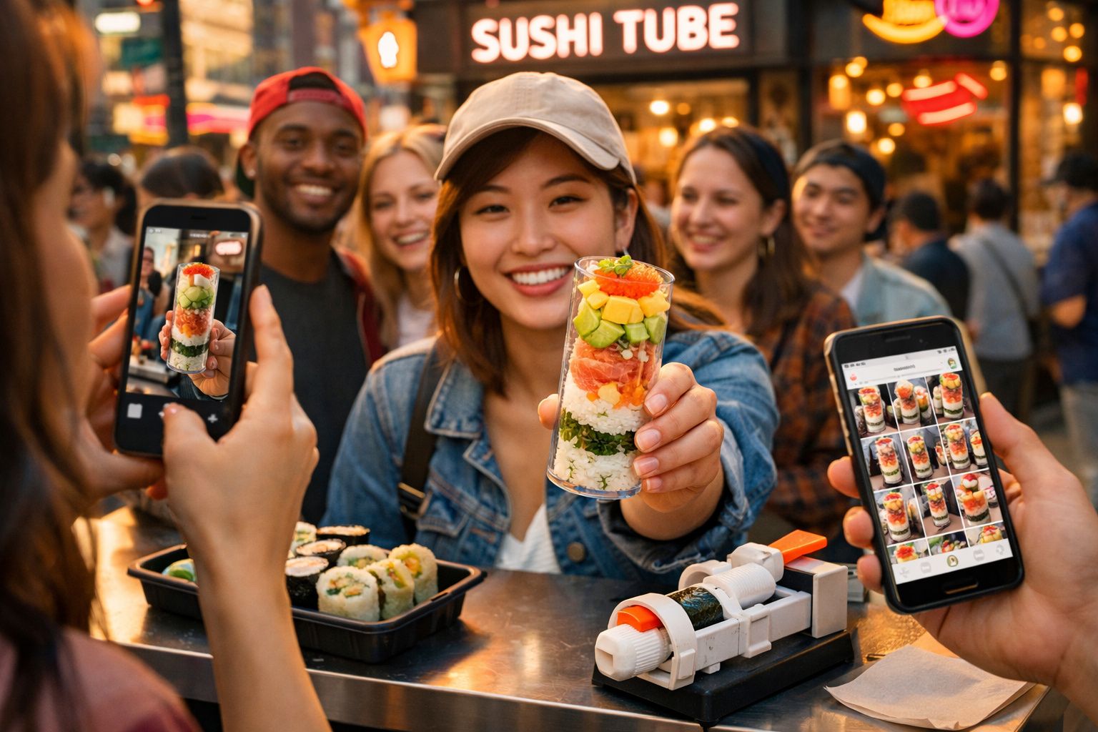 Grupo multicultural a tirar foto junto a comida de sushi em vidro em ambiente de mercado.