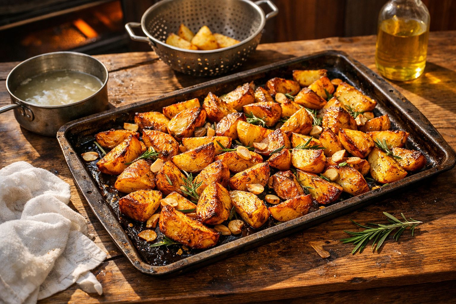 Bandeja de batatas assadas com alecrim e alho, servidas numa tábua de madeira rústica.