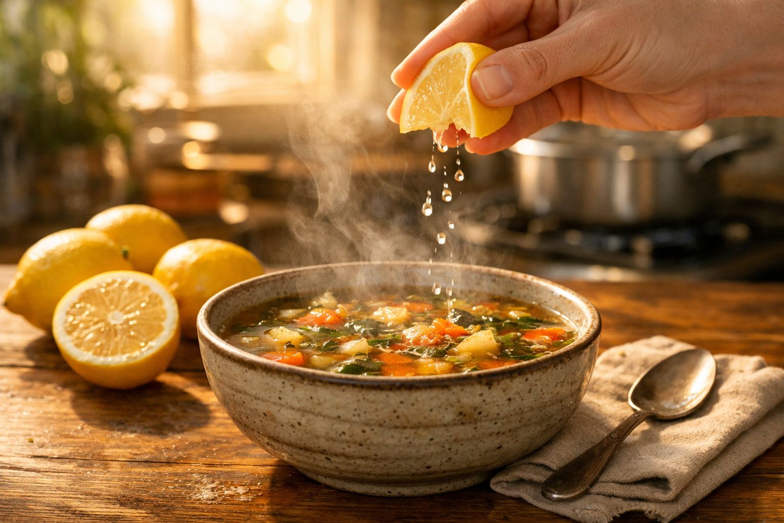 Mão a espremer limão numa tigela de sopa quente com legumes, limões no fundo e colher ao lado.