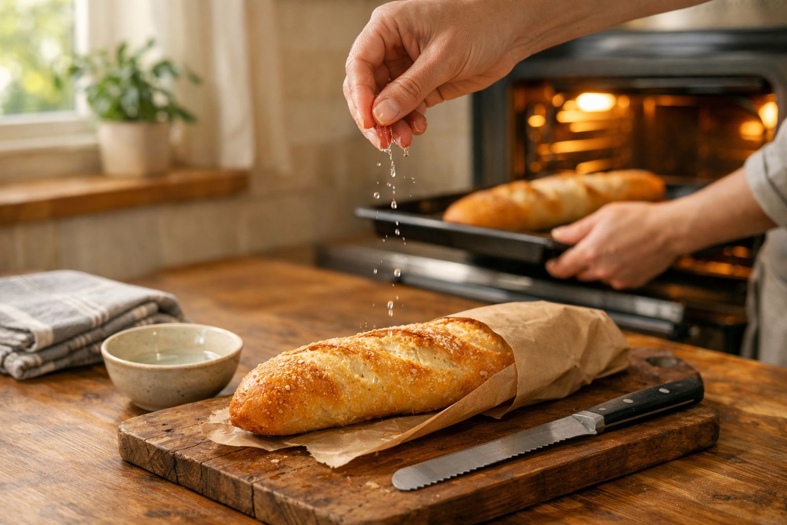 Pessoa polvilha sal sobre pão baguete acabado de sair do forno numa cozinha acolhedora.