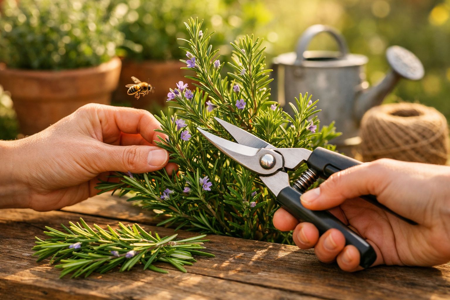 Mãos a podar alecrim com tesoura de jardinagem, com abelha a voar próximo e regador ao fundo.