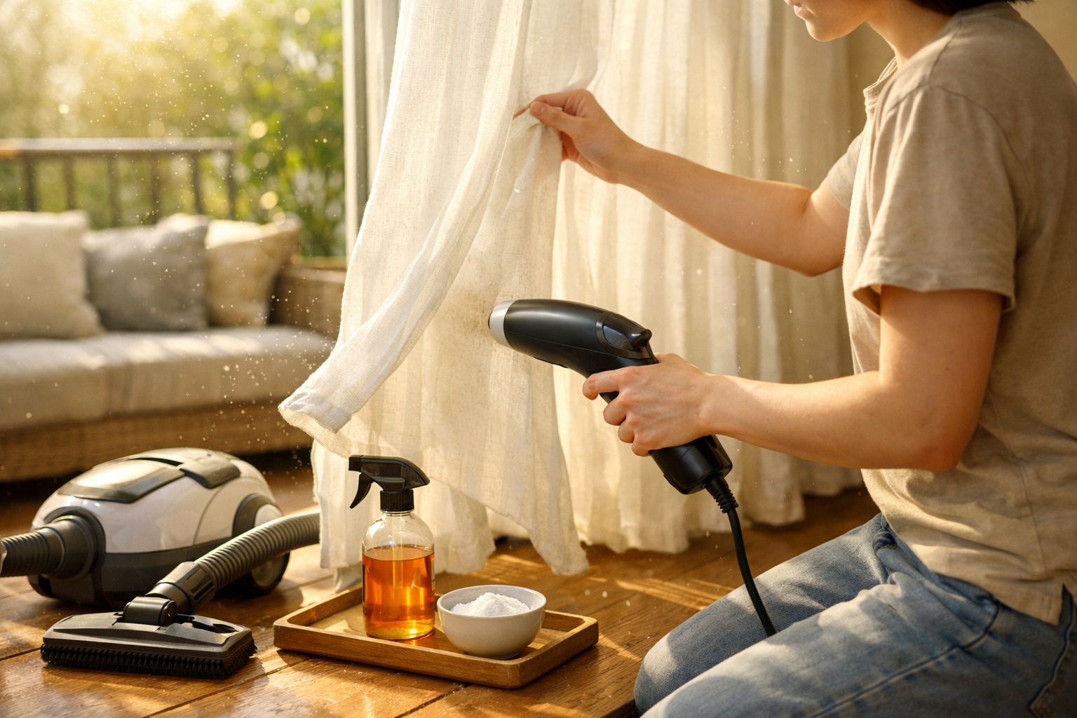 Pessoa a limpar cortinas com secador, spray e aspirador num ambiente doméstico iluminado pela luz natural.
