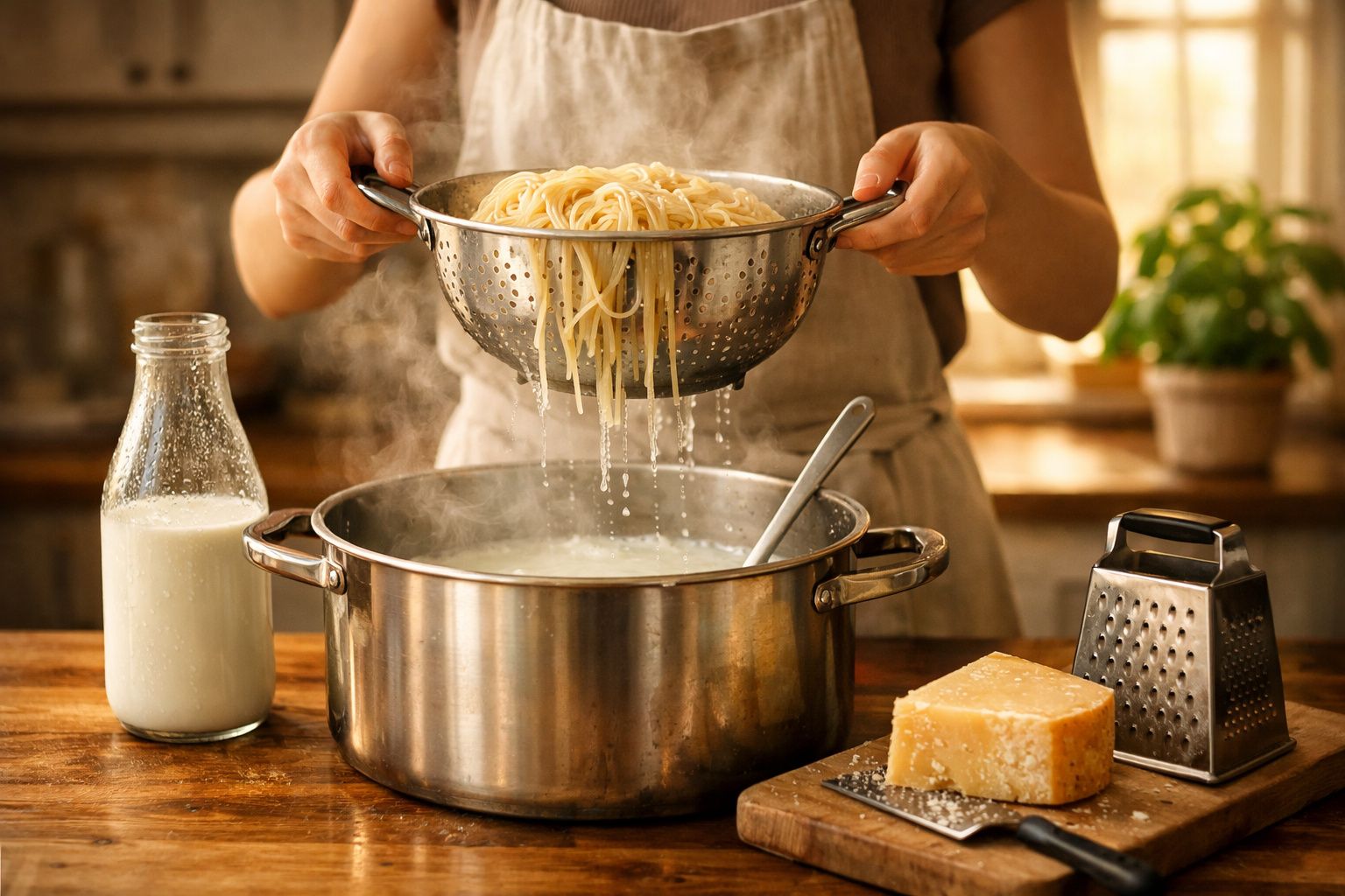 Pessoa a escorrer esparguete numa panela grande, ao lado de leite e queijo ralado.