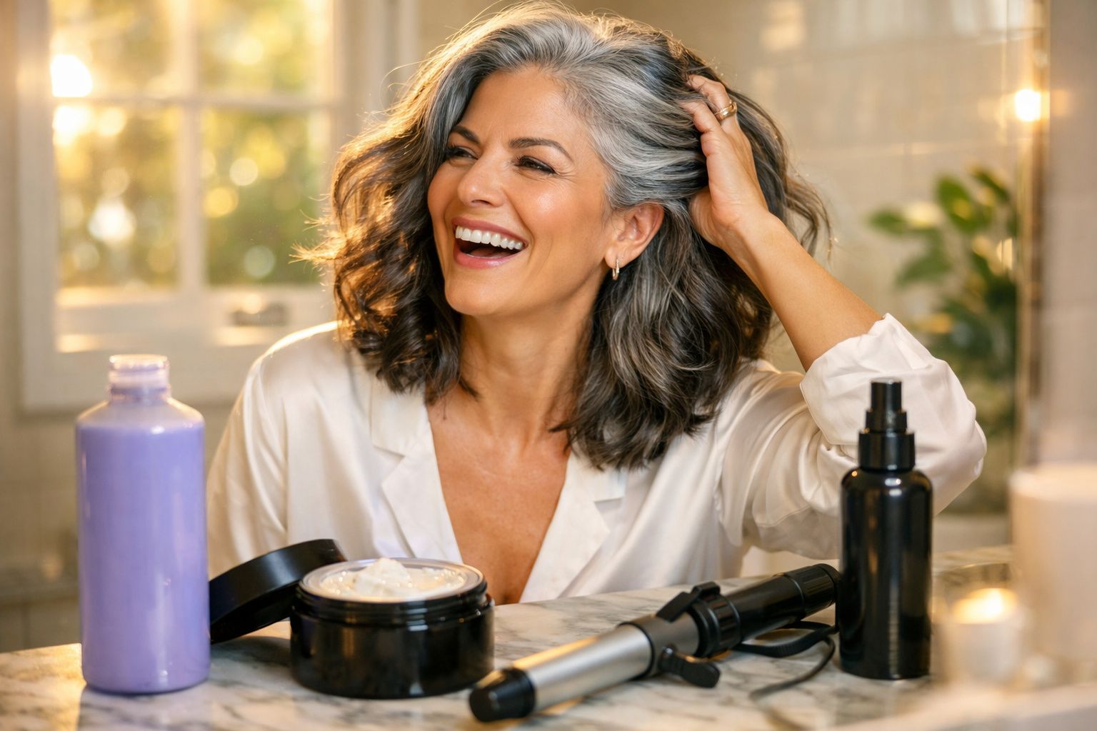 Mulher sorridente com cabelo grisalho ondulado, ao lado de produtos de beleza e um modelador de cabelo.