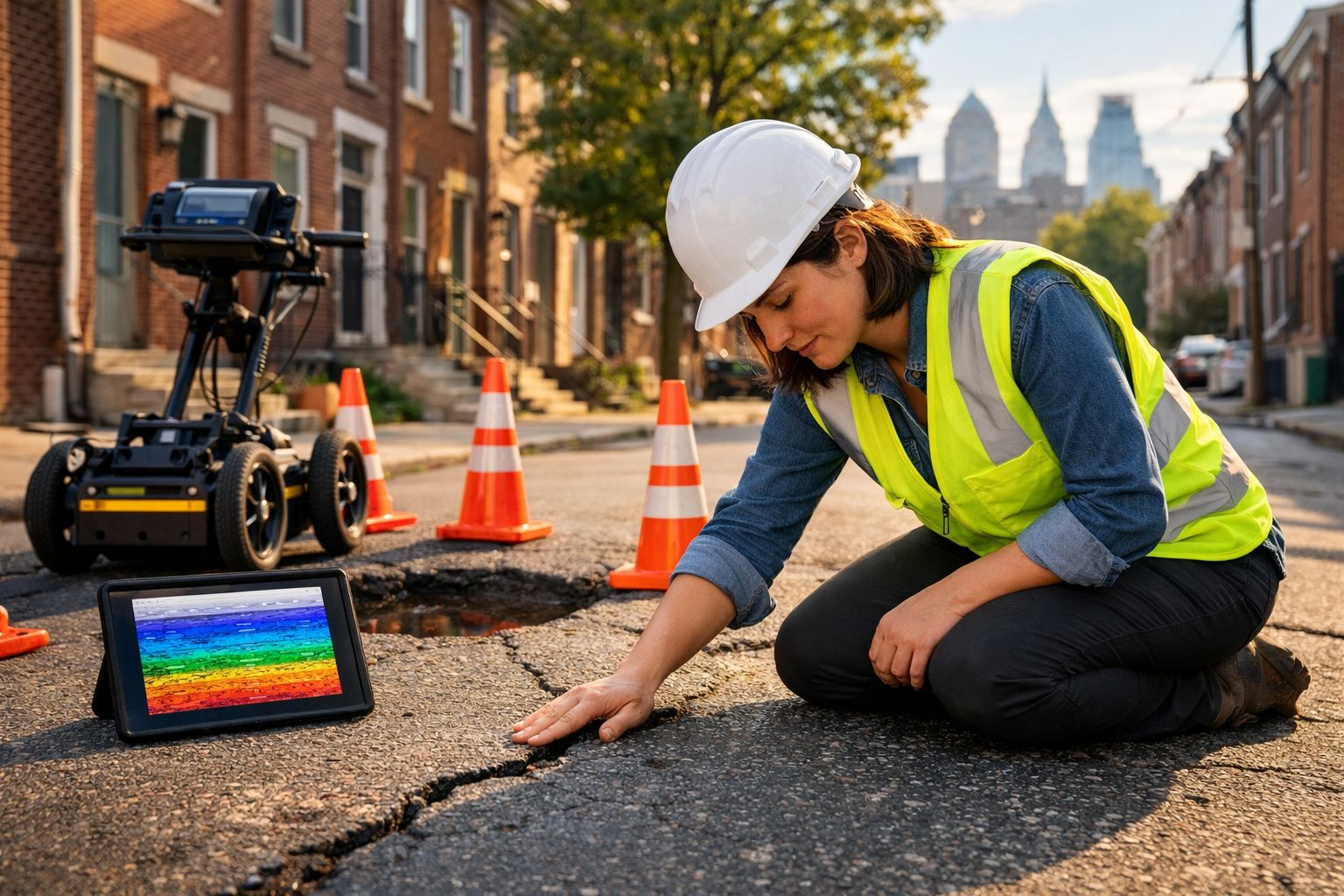 Engenheira em colete reflexivo e capacete analisa fissura no pavimento com equipamento tecnológico na rua.