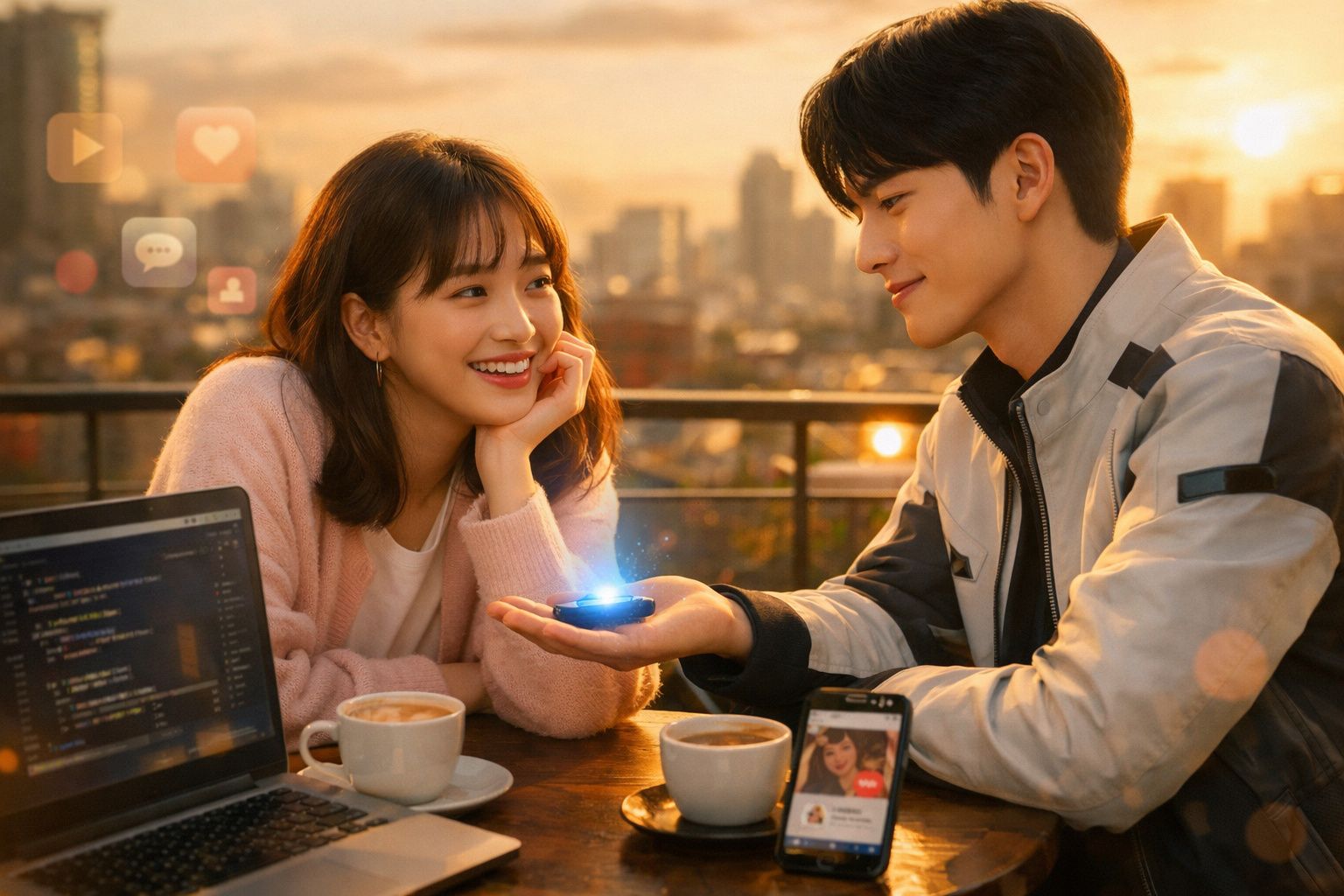 Jovem casal sorridente conversa num café ao ar livre ao pôr do sol, com laptop e café na mesa.