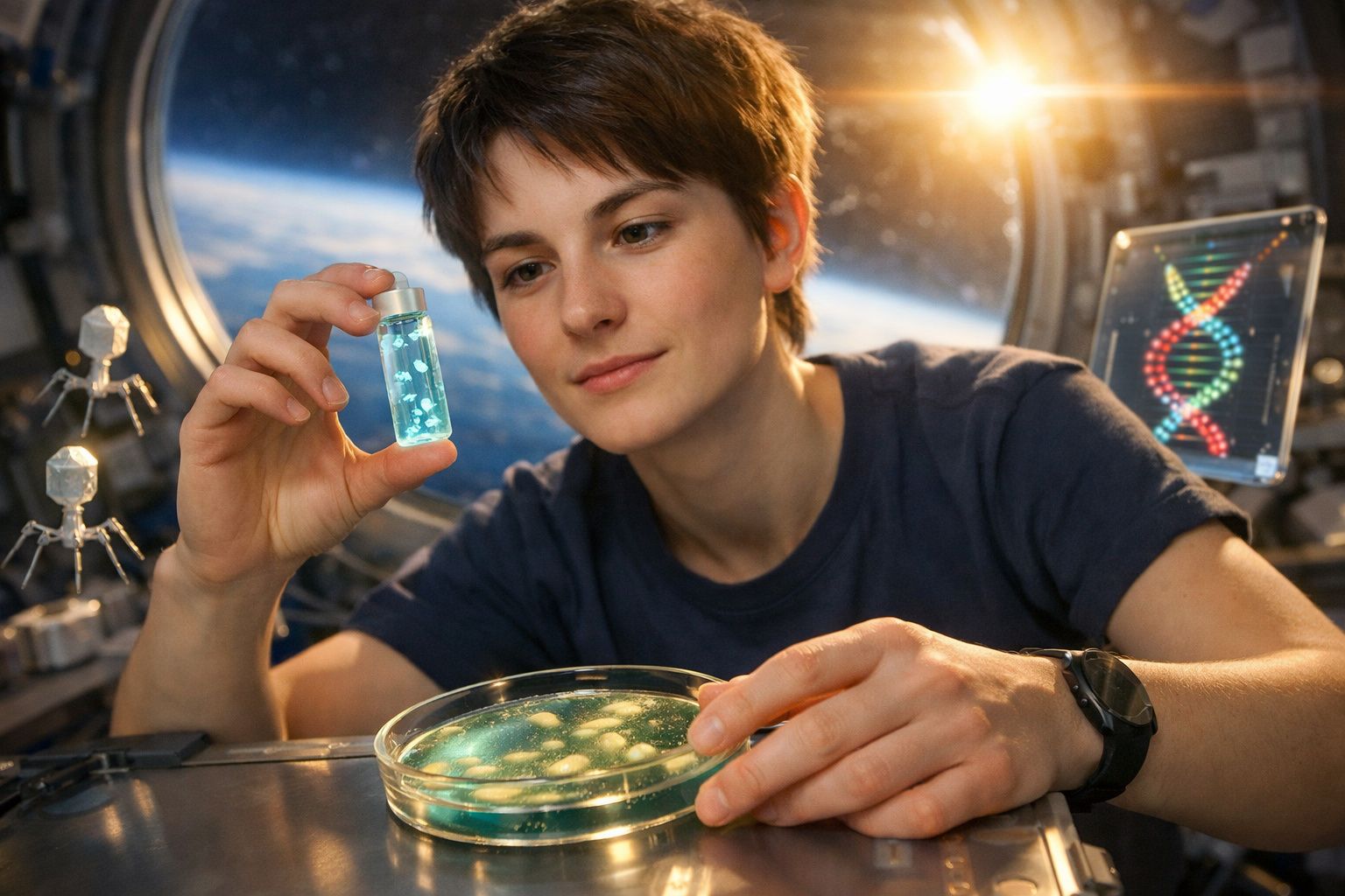 Jovem cientista analisa cultura celular num laboratório espacial com vista para a Terra e ecrã digital de ADN.