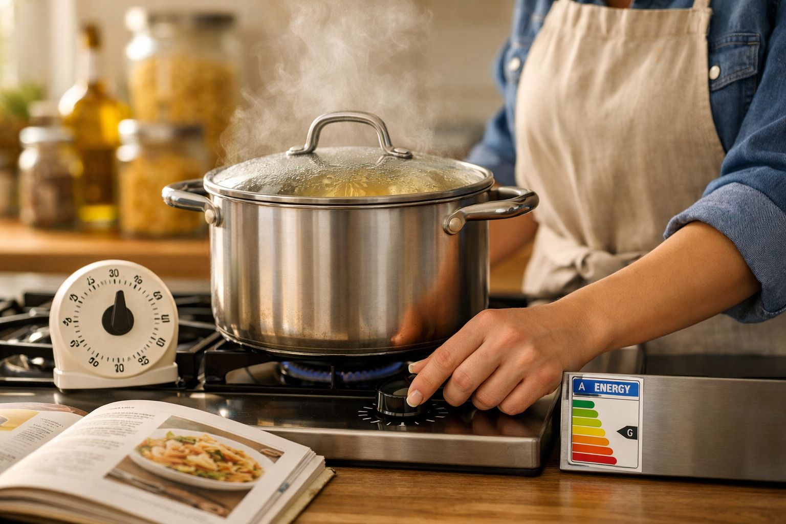 Panela de inox com esparguete a cozinhar e vapor a sair, com mãos a tapar e ajustar o fogão.