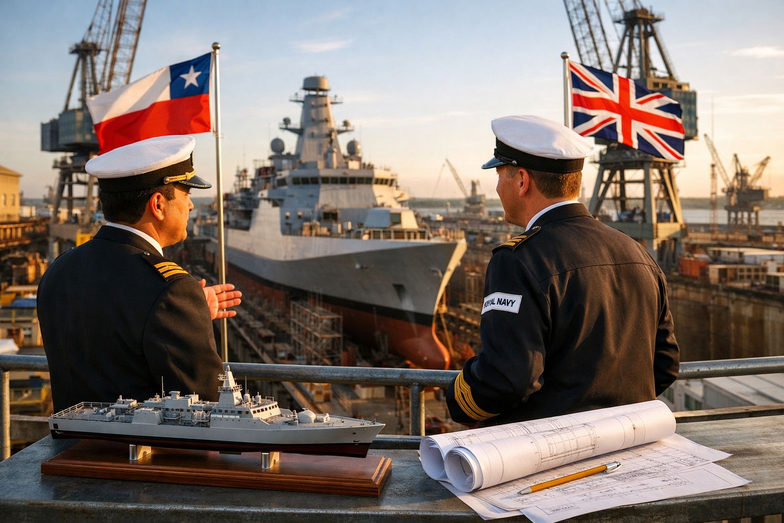Dois oficiais navais com bandeiras do Chile e Reino Unido discutem perto de maquete de navio em estaleiro naval.