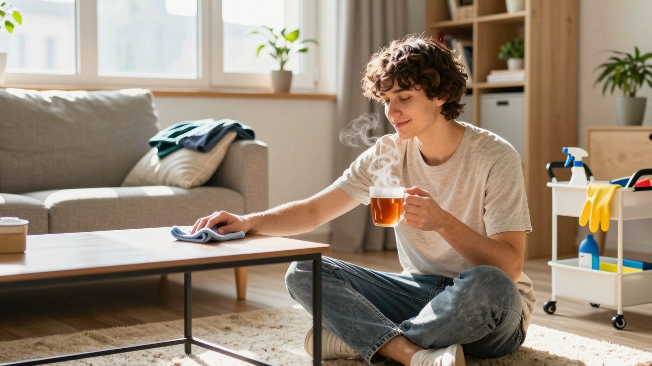 Pessoa sentada no chão a limpar mesa de centro enquanto bebe chá quente numa sala iluminada.
