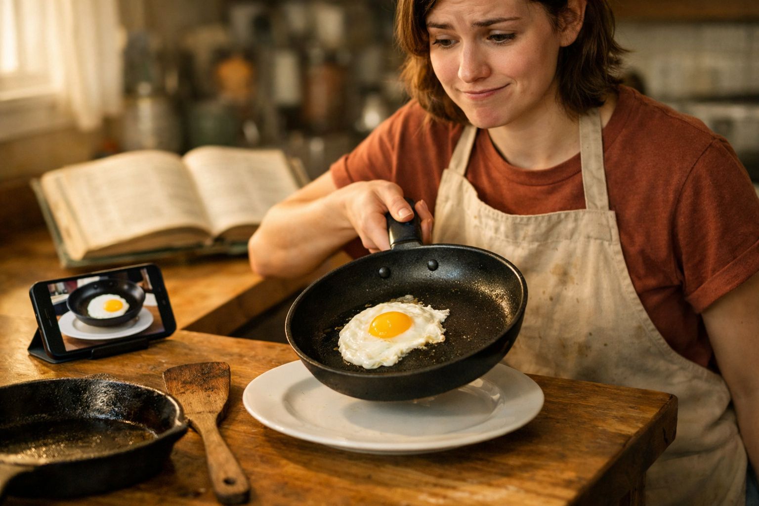 Duas mãos a cozinhar um ovo estrelado numa frigideira no fogão, enquanto um smartphone grava o processo.