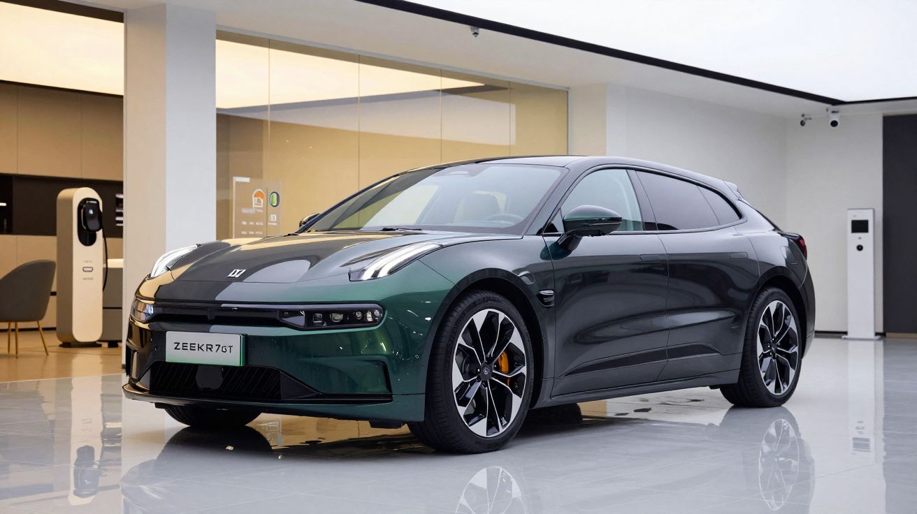 Carro elétrico Zeekr 007 verde estacionado num showroom moderno com piso reflexivo.