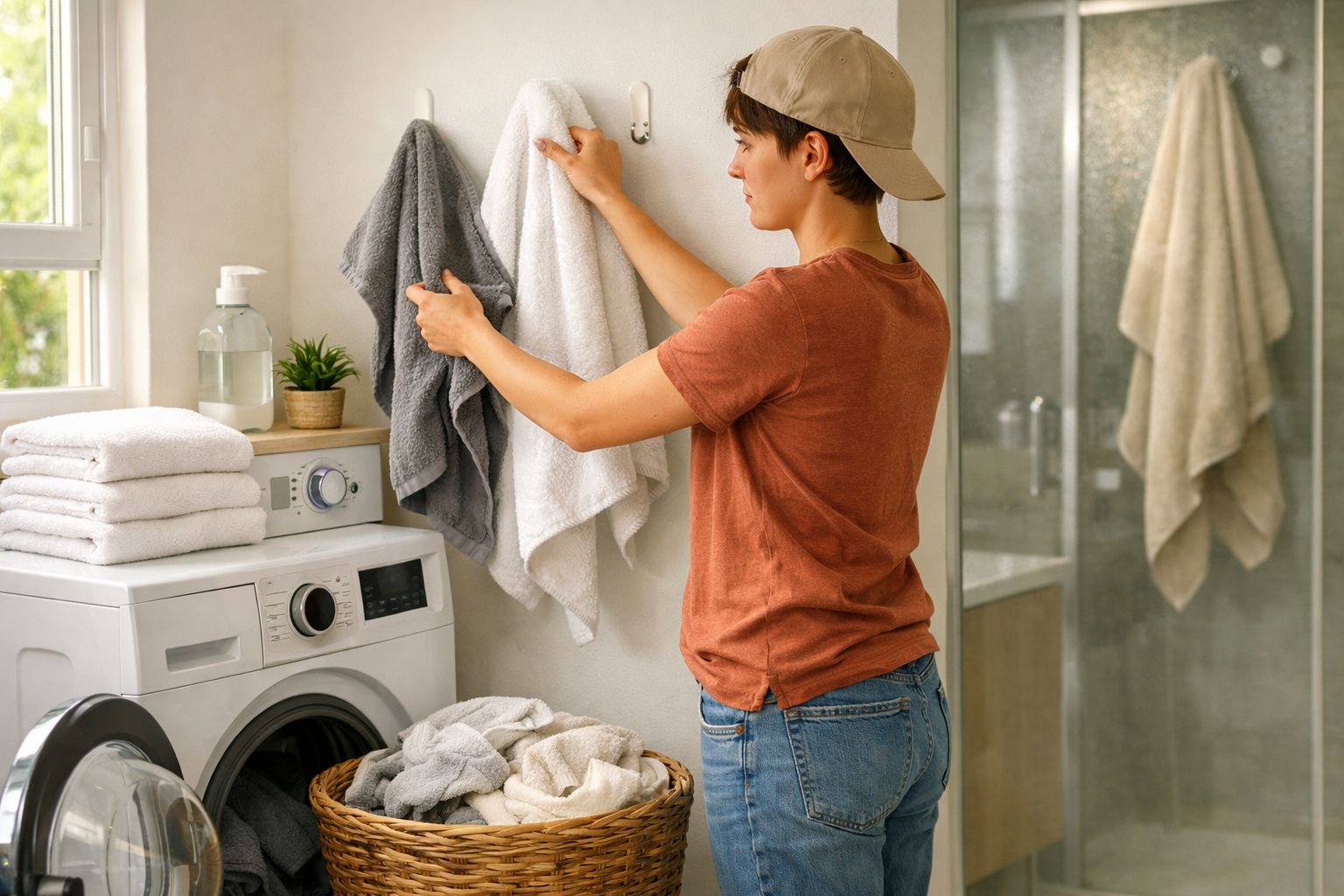 Mulher a verificar toalha branca limpa numa lavandaria com máquina e detergente.